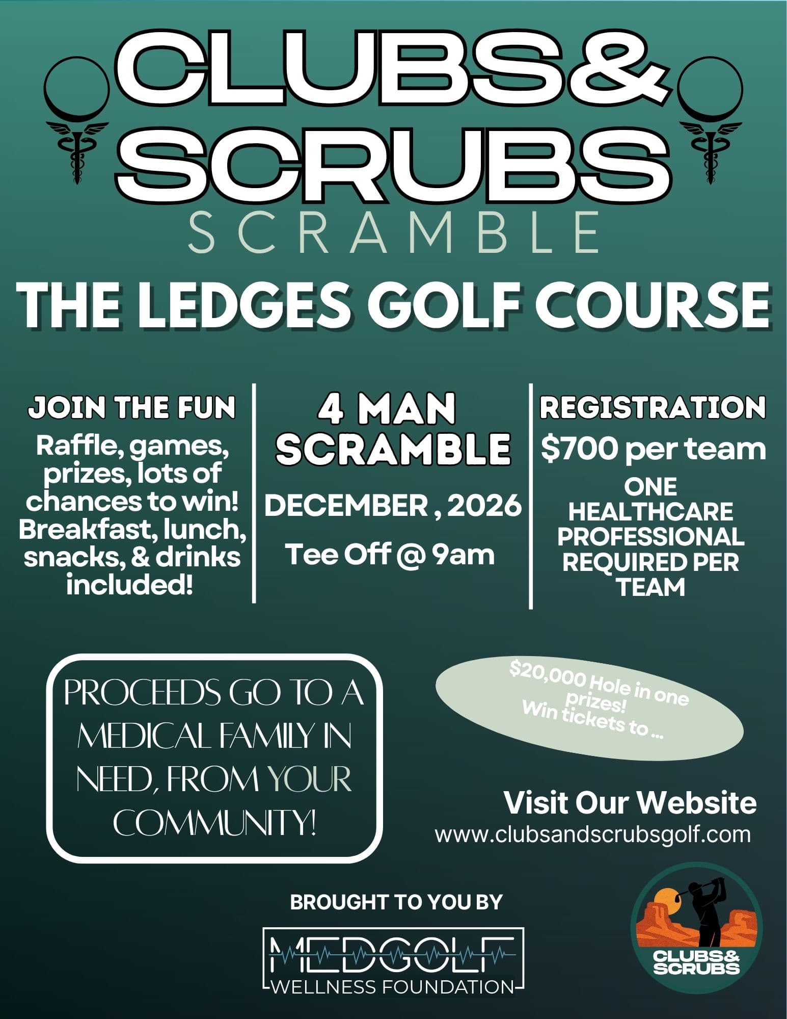 Clubs and Scrubs Scramble flyer — December 5 2026 at The Ledges Golf Course in St. George Utah. $700 per team. 4-person scramble. 10am shotgun start.