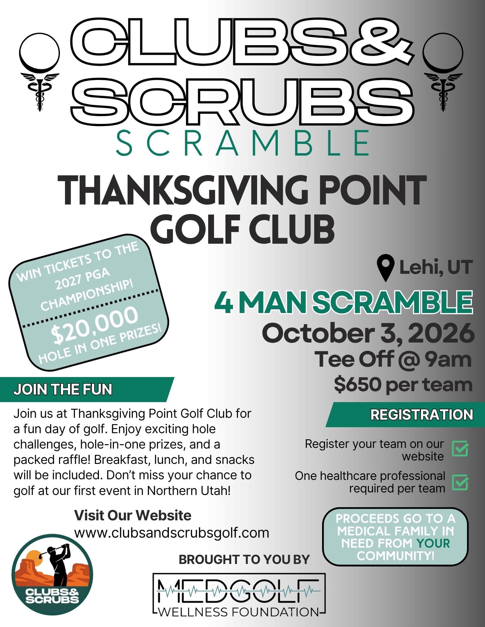 Clubs and Scrubs Scramble flyer — October 3 2026 at Thanksgiving Point Golf Club in Lehi Utah. $650 per team. 4-person scramble. 9am tee off.